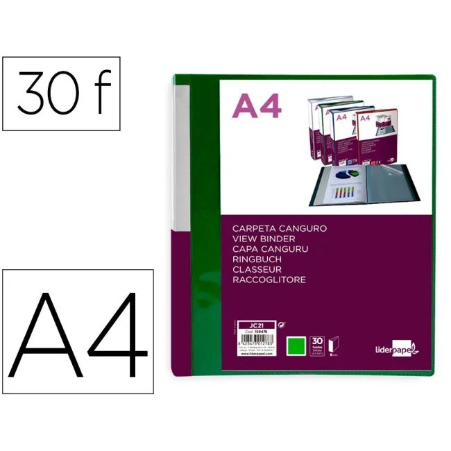 CARPETA LIDERPAPEL 30 FUNDAS CANGURO PP DIN A4 VERDE TRANSLUCIDO PO...