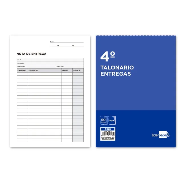 TALONARIO LIDERPAPEL ENTREGAS CUARTO ORIGINAL Y 2 COPIAS T326