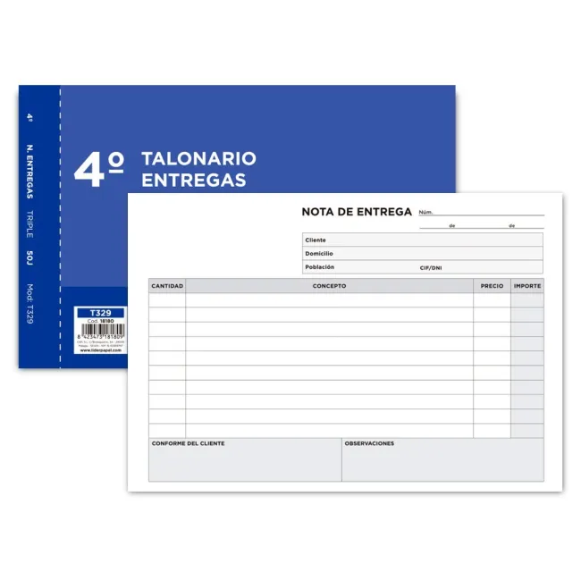TALONARIO LIDERPAPEL ENTREGAS CUARTO ORIGINAL Y 2 COPIAS T329 APAISADO