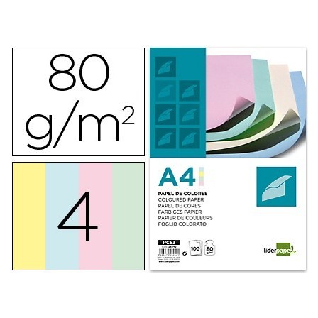 PAPEL COLOR LIDERPAPEL A4 80G/M2 4 COLORES SURTIDOS PAQUETE DE 100