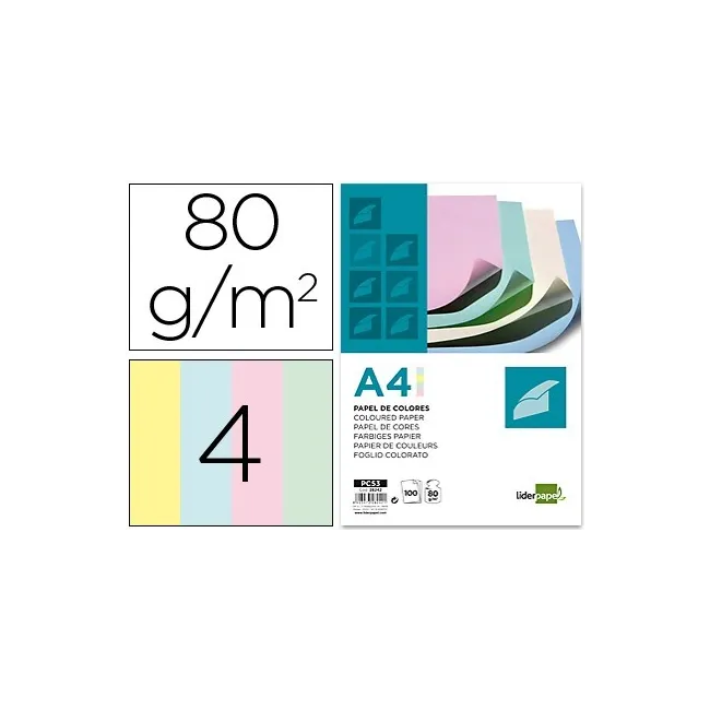 PAPEL COLOR LIDERPAPEL A4 80G/M2 4 COLORES SURTIDOS PAQUETE DE 100