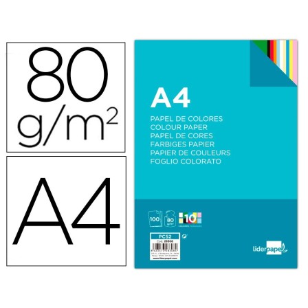 PAPEL COLOR LIDERPAPEL A4 80G/M2 10 COLORES SURTIDOS PAQUETE DE 100