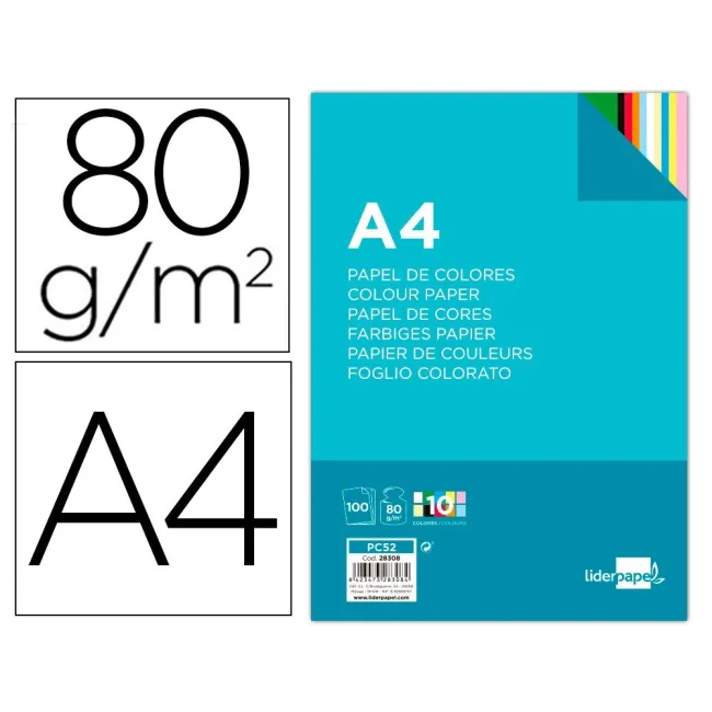 PAPEL COLOR LIDERPAPEL A4 80G/M2 10 COLORES SURTIDOS PAQUETE DE 100