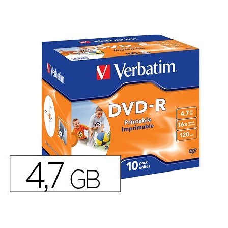 DVD-R VERBATIM IMPRIMIBLE CAPACIDAD 4.7GB VELOCIDAD 16X 120 MIN PAC...