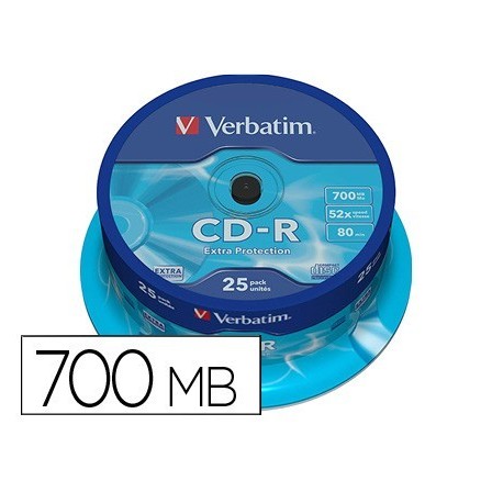 CD-R VERBATIM CAPACIDAD 700MB VELOCIDAD 52X 80 MIN TARRINA DE 25 UN...