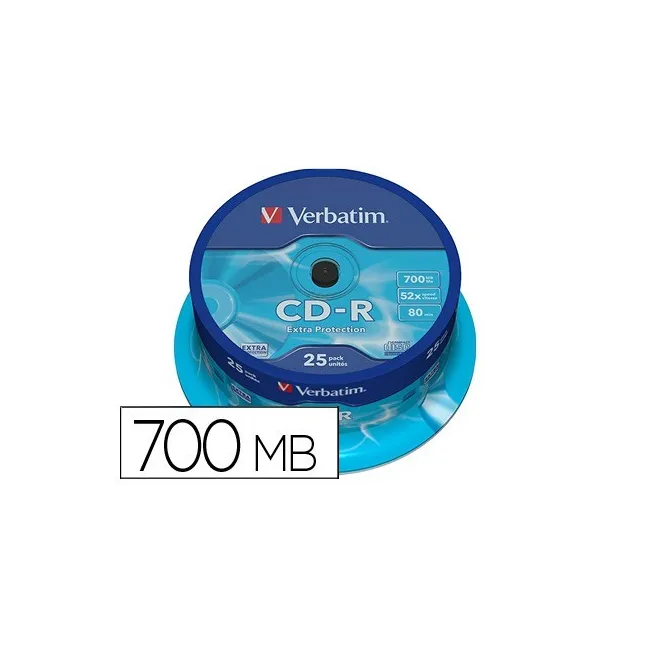 CD-R VERBATIM CAPACIDAD 700MB VELOCIDAD 52X 80 MIN TARRINA DE 25 UN...