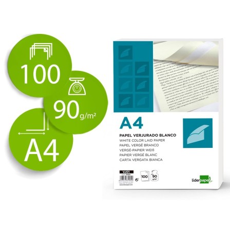 PAPEL VERJURADO LIDERPAPEL A4 90G/M2 BLANCO PAQUETE DE 100 HOJAS