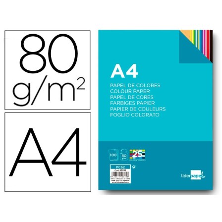 PAPEL COLOR LIDERPAPEL A4 80G/M2 25 COLORES SURTIDOS PAQUETE DE 100