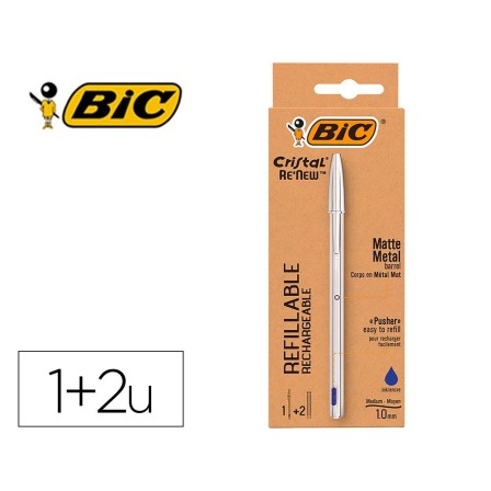 BOLIGRAFO BIC CRISTAL RENEW TINTA AZUL CON CUERPO EN ALUMINIO MATE ...