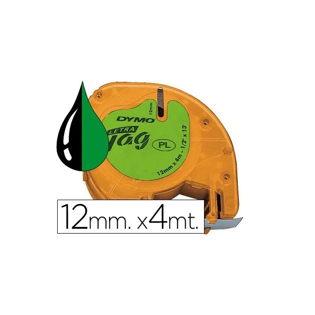CINTA DYMO 12MMX4MT -NEGRO/VERDE ACIDO PARA MAQUINA LETRATAG