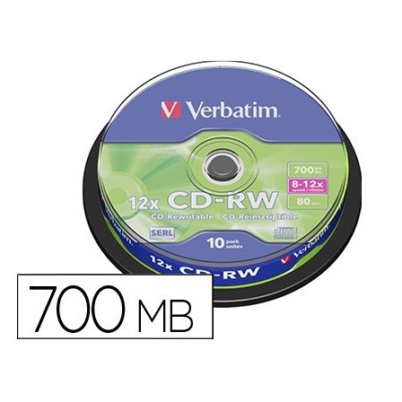 CD-RW VERBATIM SERL CAPACIDAD 700MB VELOCIDAD 12X 80 MIN TARRINA DE...