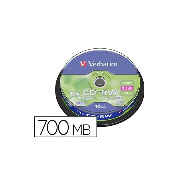 CD-RW VERBATIM SERL CAPACIDAD 700MB VELOCIDAD 12X 80 MIN TARRINA DE...