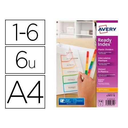 SEPARADOR AVERY POLIPROPILENO DIN A4 IMPRIMIBLE 6 PESTAÑAS