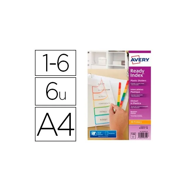SEPARADOR AVERY POLIPROPILENO DIN A4 IMPRIMIBLE 6 PESTAÑAS