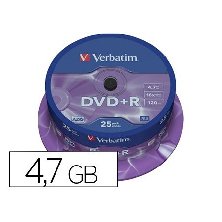 DVD+R VERBATIM CAPACIDAD 4.7GB VELOCIDAD 16X 120 MIN TARRINA DE 25 ...