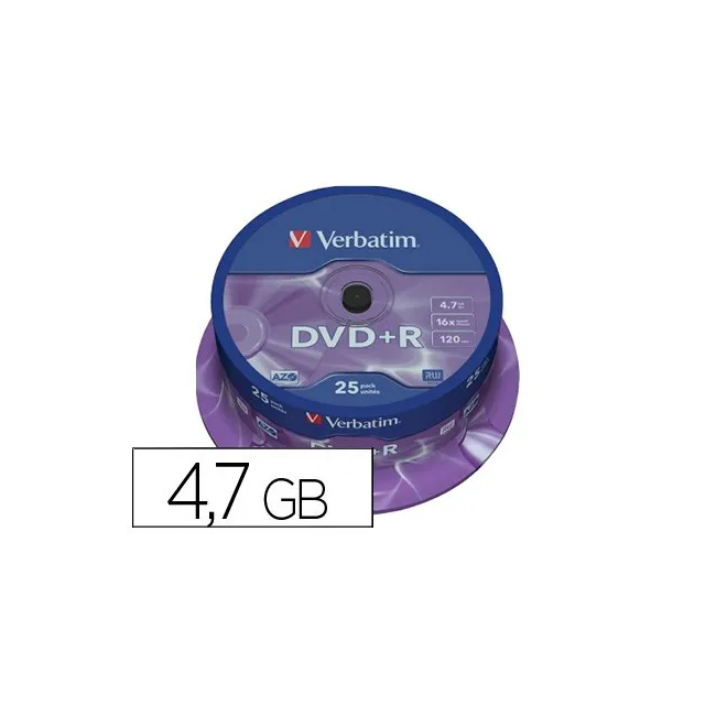 DVD+R VERBATIM CAPACIDAD 4.7GB VELOCIDAD 16X 120 MIN TARRINA DE 25 ...