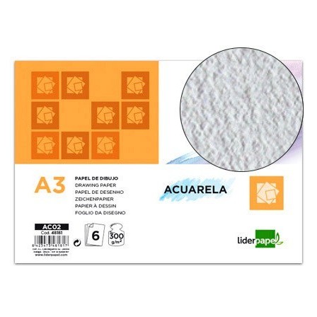 PAPEL DIBUJO LIDERPAPEL 297X420MM 300G/M2 ACUARELA PACK DE 6