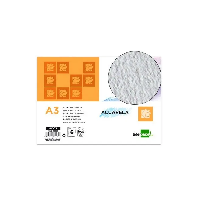 PAPEL DIBUJO LIDERPAPEL 297X420MM 300G/M2 ACUARELA PACK DE 6