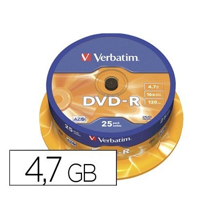 DVD-R VERBATIM CAPACIDAD 4.7GB VELOCIDAD 16X 120 MIN TARRINA DE 25 ...