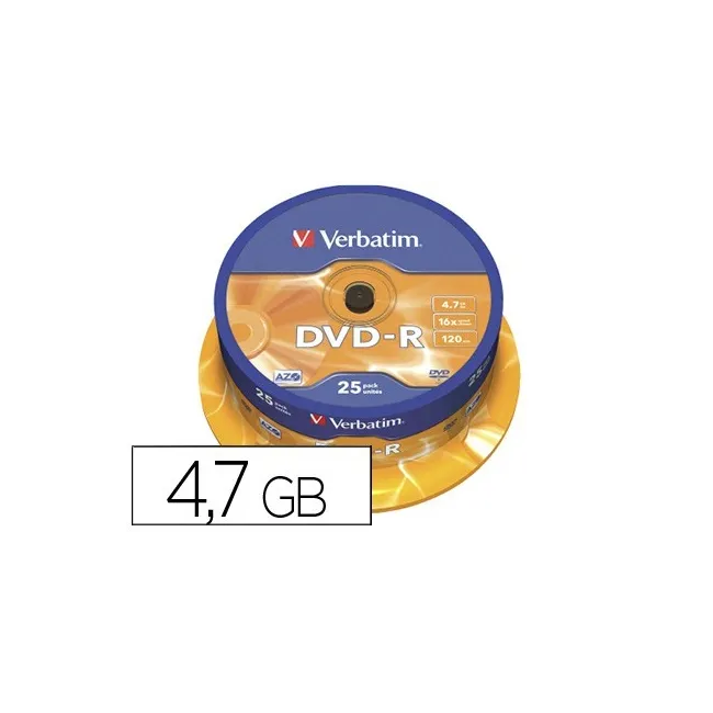 DVD-R VERBATIM CAPACIDAD 4.7GB VELOCIDAD 16X 120 MIN TARRINA DE 25 ...