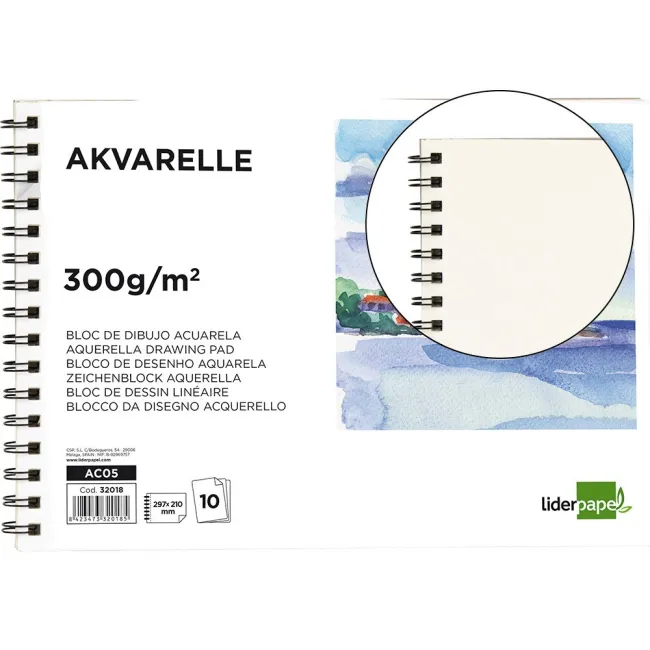 BLOC DIBUJO LIDERPAPEL ACUARELA ESPIRAL 297X210MM 10 HOJAS 300G/M2 ...
