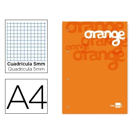 BLOC ENCOLADO LIDERPAPEL CUADRO 5 MM NARANJA A4 NATURAL100 HOJAS 10...