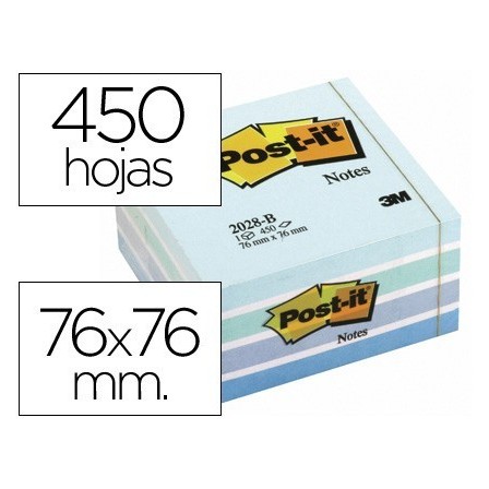 BLOC DE NOTAS ADHESIVAS QUITA Y PON POST-IT 76X76 MM CUBO COLOR AZU...
