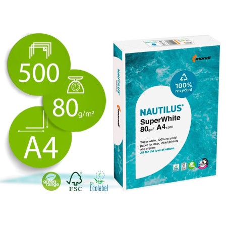 PAPEL FOTOCOPIADORA NAUTILUS SUPERWHITE 100% RECICLADO DIN A4 80 GR...