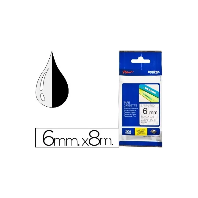 CINTA BROTHER TZE-111 TRANSPARENTE-NEGRO 6MM LONGITUD 8 MT