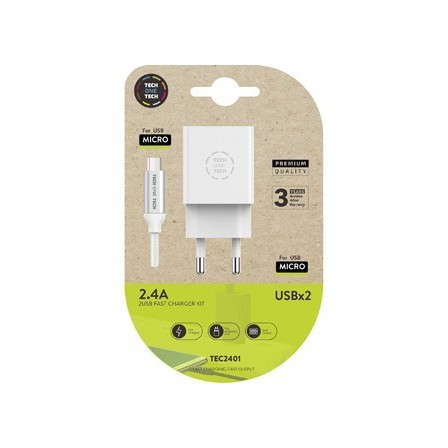 CARGADOR TECH ONE TECH 2.4 DOBLE USB + CABLE BRAIDED NYLON MICRO US...