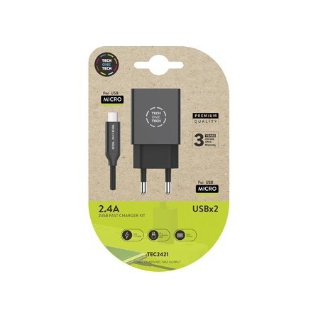 CARGADOR TECH ONE TECH 2.4 DOBLE USB + CABLE BRAIDED NYLON MICRO US...