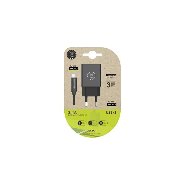 CARGADOR TECH ONE TECH 2.4 DOBLE USB + CABLE BRAIDED NYLON MICRO US...