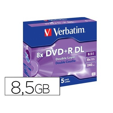 DVD+R VERBATIM DOBLE CAPA CAPACIDAD 8.5GB VELOCIDAD 8X 240 MIN PACK...