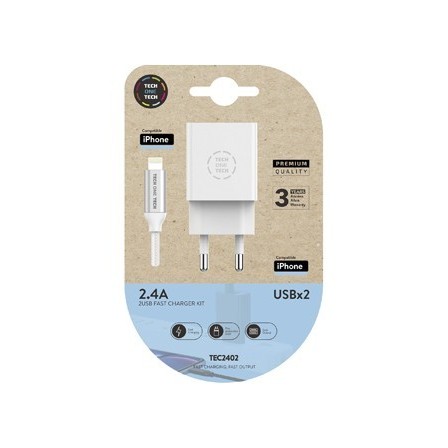 CARGADOR TECH ONE TECH 2.4 DOBLE USB + CABLE BRAIDED NYLON MICRO US...