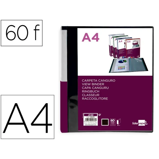 CARPETA LIDERPAPEL 60 FUNDAS CANGURO PP DIN A4 NEGRO OPACO PORTADA ...