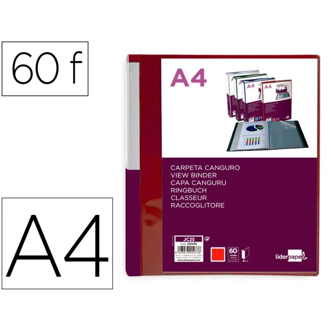 CARPETA LIDERPAPEL 60 FUNDAS CANGURO PP DIN A4 ROJO TRANSLUCIDO POR...