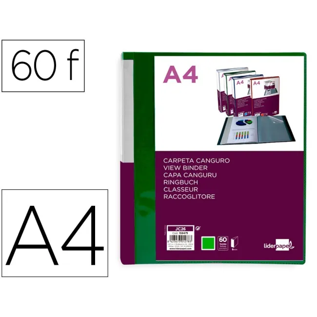 CARPETA LIDERPAPEL 60 FUNDAS CANGURO PP DIN A4 VERDE TRANSLUCIDO PO...