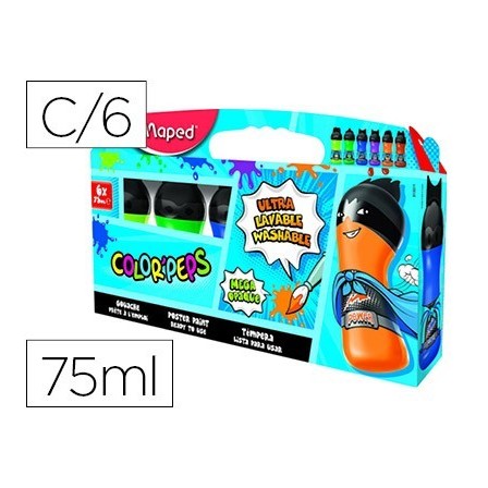 TEMPERA MAPED COLOR PEPS ULTRA LAVABLE CAJA DE 6 COLORES SURTIDOS S...