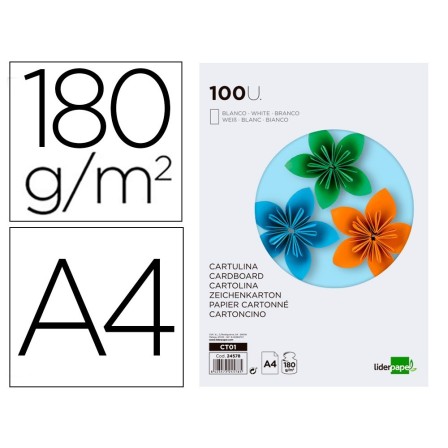 CARTULINA LIDERPAPEL A4 180G/M2 BLANCO PAQUETE DE 100