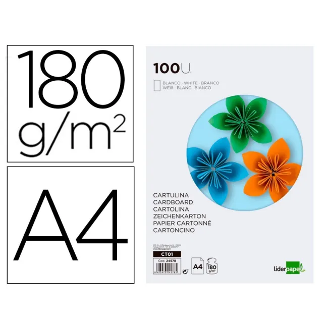 CARTULINA LIDERPAPEL A4 180G/M2 BLANCO PAQUETE DE 100