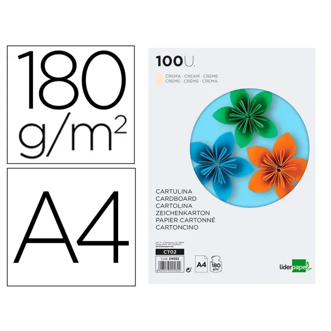 CARTULINA LIDERPAPEL A4 180G/M2 CREMA PAQUETE DE 100