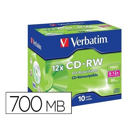 CD-RW VERBATIM SERL CAPACIDAD 700MB VELOCIDAD 12X 80 MIN PACK DE 10...
