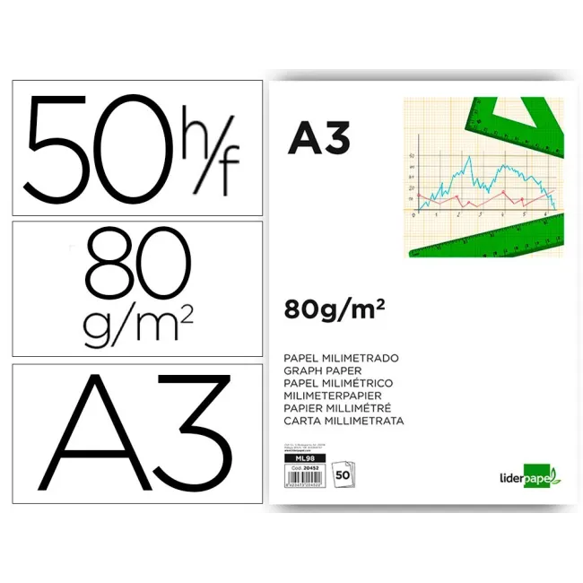 BLOC PAPEL MILIMETRADO LIDERPAPEL ENCOLADO 297X420MM 50 HOJAS 80G/M2