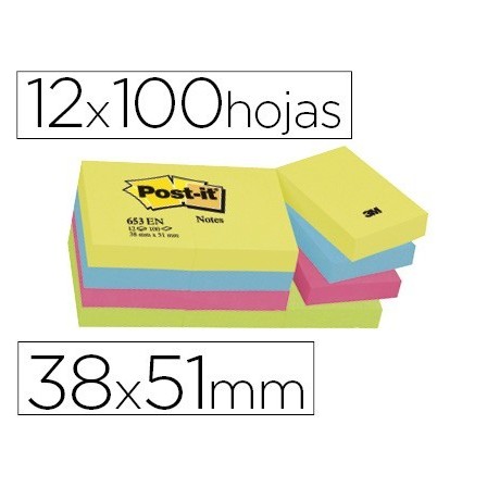 BLOC DE NOTAS ADHESIVAS QUITA Y PON POST-IT 38X51 MM NEON PACK DE 1...