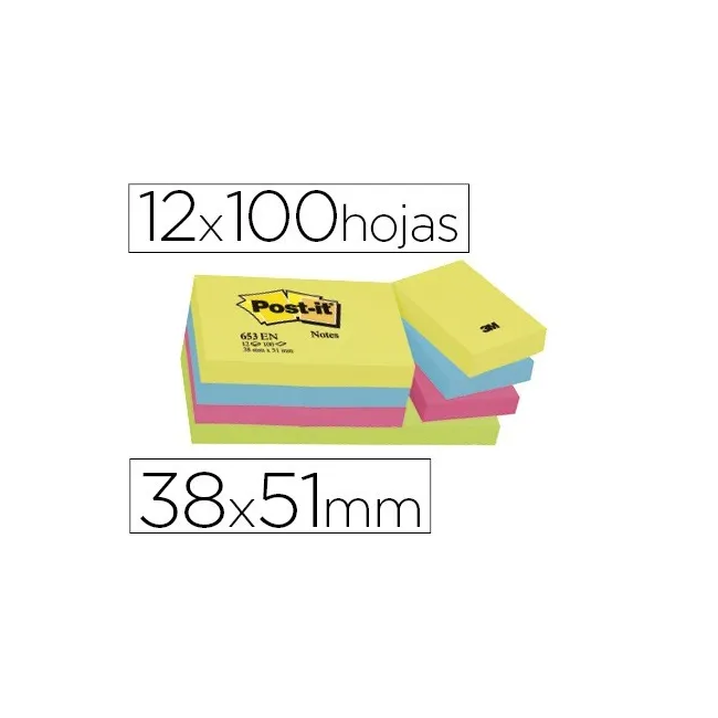 BLOC DE NOTAS ADHESIVAS QUITA Y PON POST-IT 38X51 MM NEON PACK DE 1...