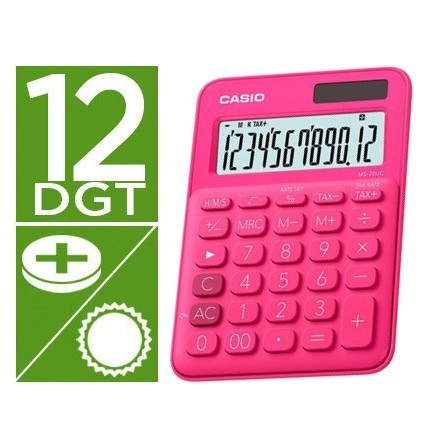 CALCULADORA CASIO MS-20UC-RD SOBREMESA 12 DIGITOS TAX +/- COLOR FUCSIA