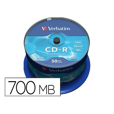 CD-R VERBATIM CAPACIDAD 700MB VELOCIDAD 52X 80 MIN TARRINA DE 50 UN...