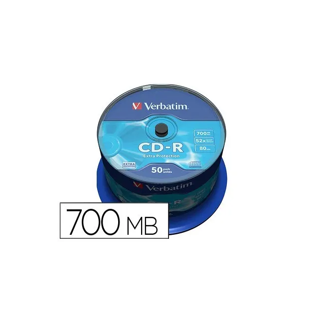 CD-R VERBATIM CAPACIDAD 700MB VELOCIDAD 52X 80 MIN TARRINA DE 50 UN...