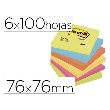 BLOC DE NOTAS ADHESIVAS QUITA Y PON POST-IT 76X76 MM NEON PACK DE 6...