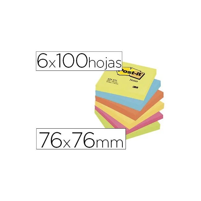 BLOC DE NOTAS ADHESIVAS QUITA Y PON POST-IT 76X76 MM NEON PACK DE 6...